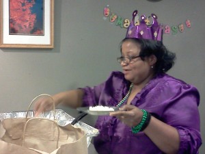 Lucane serves up her homemade gumbo.